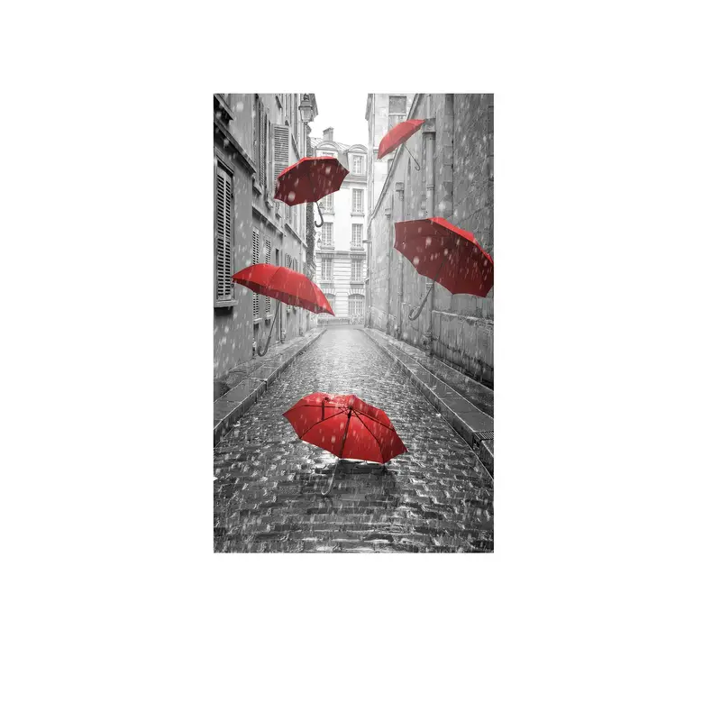 Elegant Printed Glass: City Rain with Red Umbrellas Design