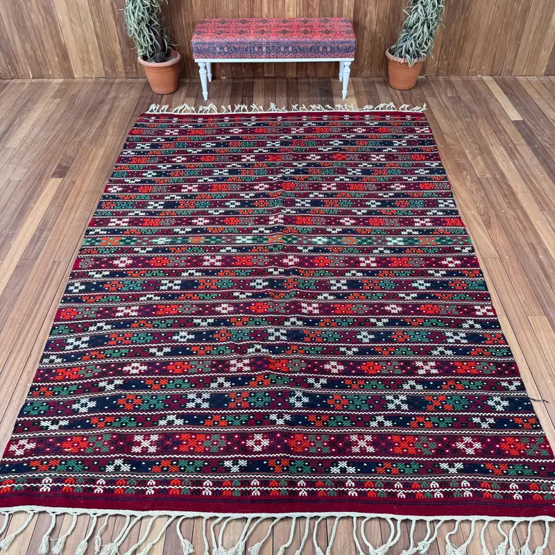 Alfombra vintage turca grande de 6,8x10 pies, alfombra de lana marroquí roja - 1