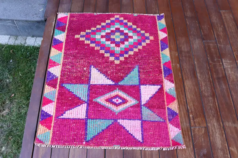 Handmade Purple Rug, 2.5x3.1 ft Geometric Floral Design