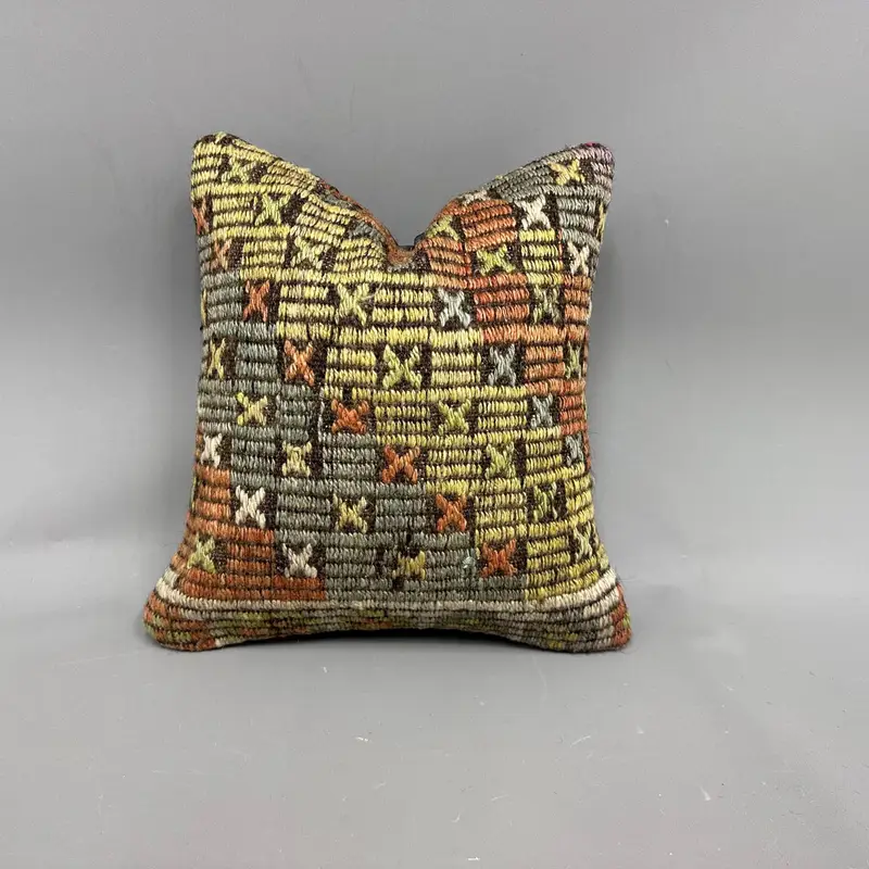 Almohada de lanzamiento geométrico naranja y verde, cojín Kilim vintage