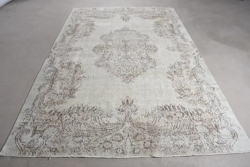 6.5x10.2 ft Rug, Vintage Turkish Rug, Oushak White Abstract Rug - 1