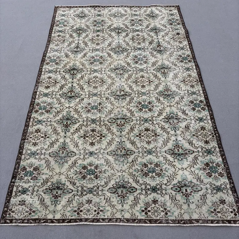 Vintage Turkish Rug 5.4x8.7 ft, Oushak Green Camouflage Wool Rug - 1