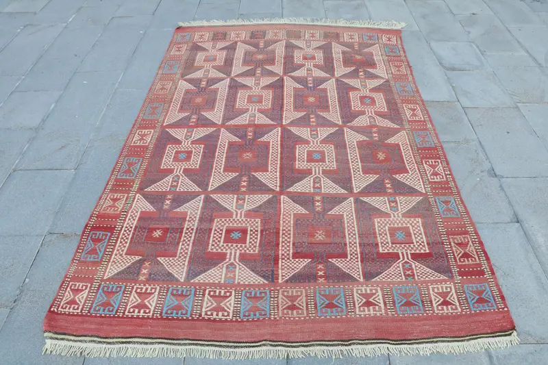 レッド&パープルラグ、4.9x7.3フィートボタニカルデザイン