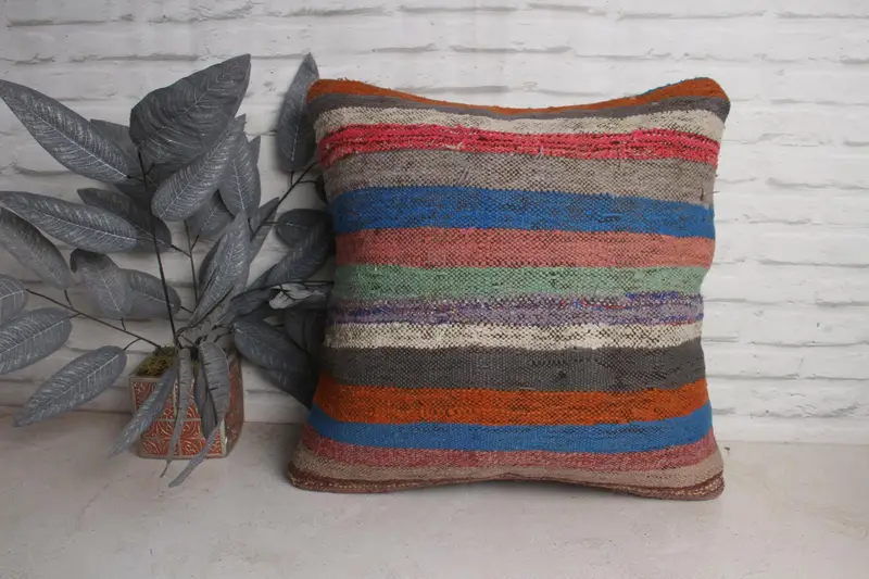 Kilim Cushion Sham, Designer Throw Pillow Sham, Vintage Pillow, Pillow Cover, Handmade Kilim Cushion, 20x20 Blue Pillow Sham - 1