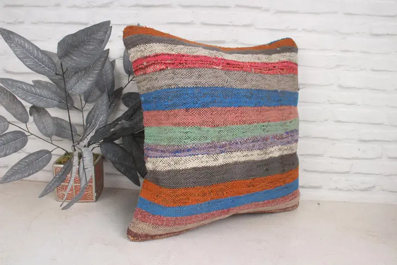 Kilim Cushion Sham, Designer Throw Pillow Sham, Vintage Pillow, Pillow Cover, Handmade Kilim Cushion, 20x20 Blue Pillow Sham - 3