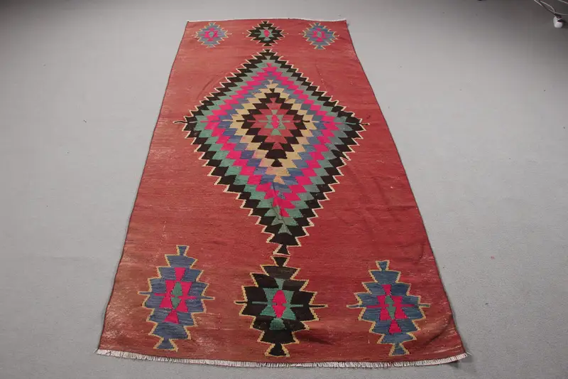Turkish Area Rug, 3.7x8.6 ft Vintage Rug, Red Kilim Wool Rug - 1