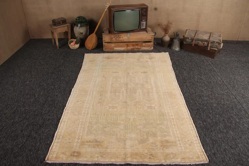 Vintage Oushak Übergröße Teppich 5,1x7,7 ft (155x235 cm), türkischer Beige Teppich aus Südwestwolle - 1