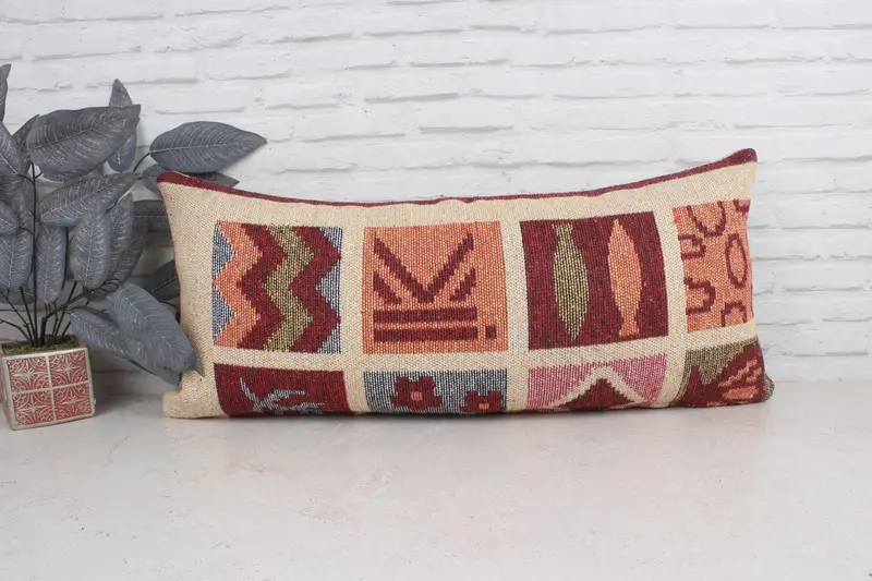 Vintage Kilim Pillow, 16x36 Beige Cushion, Pillow Case, Cotton Pillow Case, Turkish Pillow, Vintage Pillow, Decorative Pillow Cover - 1