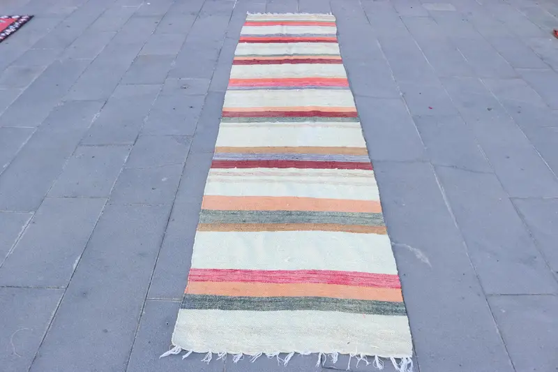 2.5x11 ft Türk Halısı, Vintage Yolluk Halısı, Kırmızı Gri Fas Halısı - 1