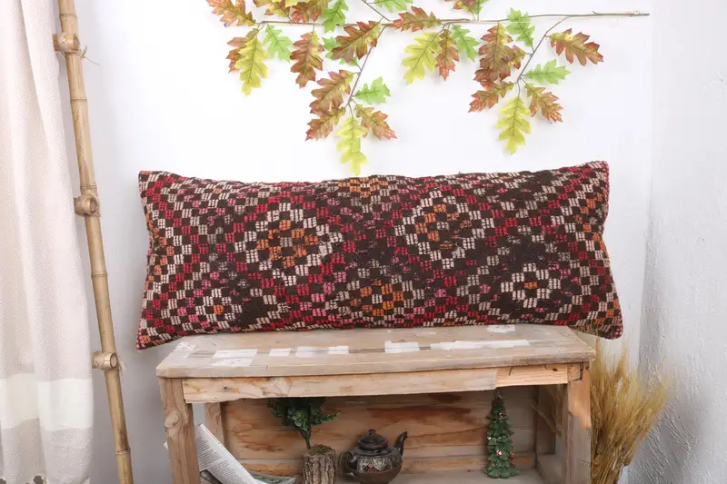 Meditation Pillow, Cushion Case, Interior Designer Pillow, Gift Pillow, 16x43 Red Pillow, Throw Kilim Pillow, Ethnic Pillow Cover Pillow Case - 1