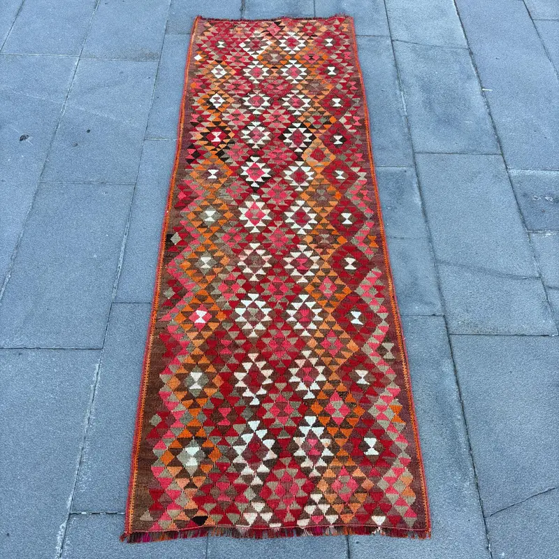 2.2x6.4 ft Türk Halısı, Kilim Halısı, Kırmızı Katı Halı Yünü - 1