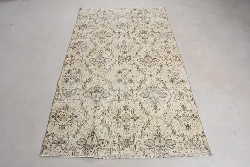 Turkish Vintage Rug 3.7x6.7 ft, Oushak Beige Camouflage Wool Rug - 1