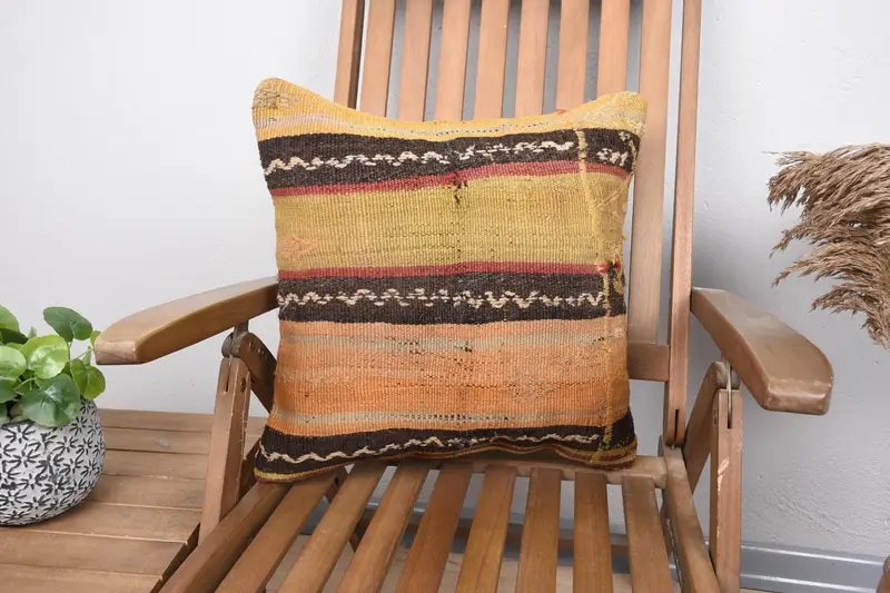 Pillow Cover, Handmade Kilim Cushion, 18x18 Yellow Pillow, Ethnic Pillow Cover Pillow Sham, Gift Pillow, Seat Pillow, Boho Pillow Sham Cover - 1