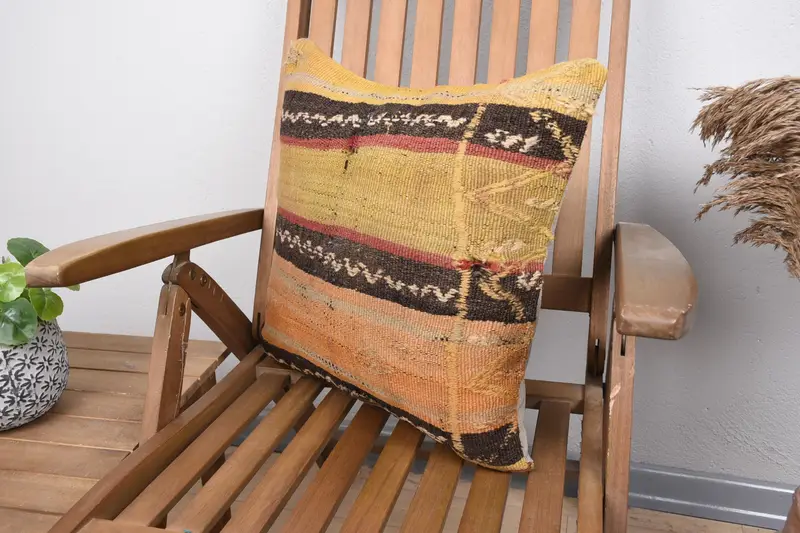 Pillow Cover, Handmade Kilim Cushion, 18x18 Yellow Pillow, Ethnic Pillow Cover Pillow Sham, Gift Pillow, Seat Pillow, Boho Pillow Sham Cover - 3