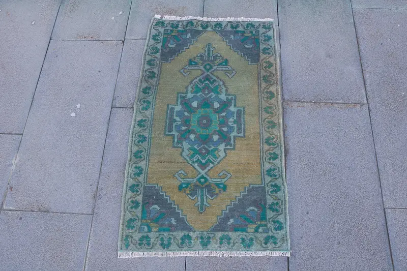 Turkish Vintage Rug, 1.7x2.9 ft Small Rug, Blue Oushak Abstract Rug - 1