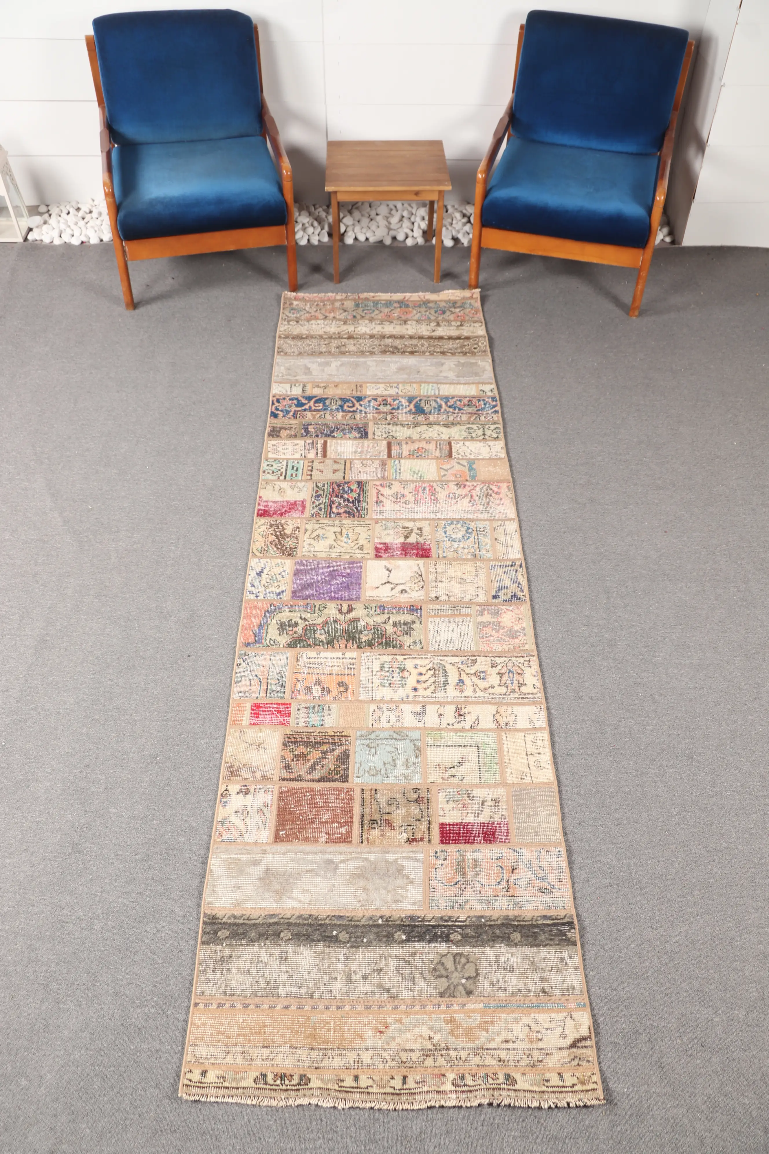 Vintage Small Rug, 2.6x9.5 ft Turkish Rug, Beige Floral Rug - 1