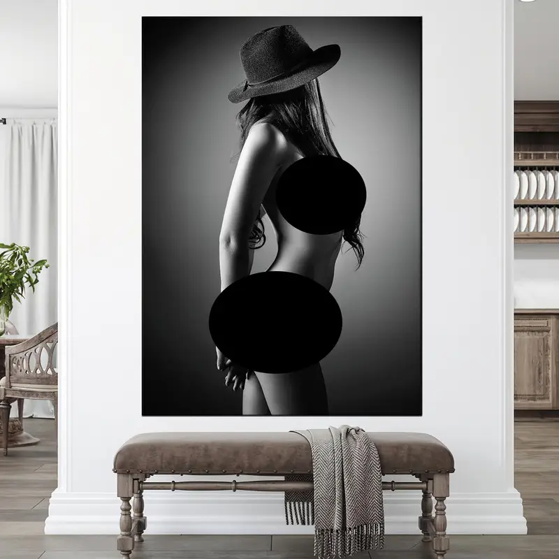 Nude Woman Canvas, Hat Woman Art, Sexy Girl Wall Decor, Erotic Canvas Art, Sensual Girl Canvas, Sexy Wall Arts, Nude Girl Body Art, Mature, - 1