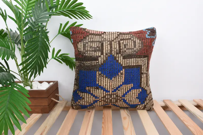 Kilim Pillow Cover, Antique Pillows, Vintage Pillow, Tribal Pillow Sham, 18x18 Blue Pillow, Seat Pillow Case, Cushion, Retro Throw Pillow Sham - 1