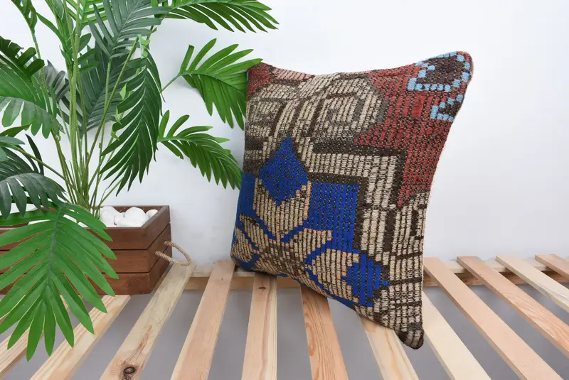 Kilim Pillow Cover, Antique Pillows, Vintage Pillow, Tribal Pillow Sham, 18x18 Blue Pillow, Seat Pillow Case, Cushion, Retro Throw Pillow Sham - 5