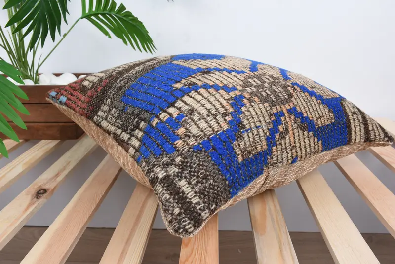 Kilim Pillow Cover, Antique Pillows, Vintage Pillow, Tribal Pillow Sham, 18x18 Blue Pillow, Seat Pillow Case, Cushion, Retro Throw Pillow Sham - 6