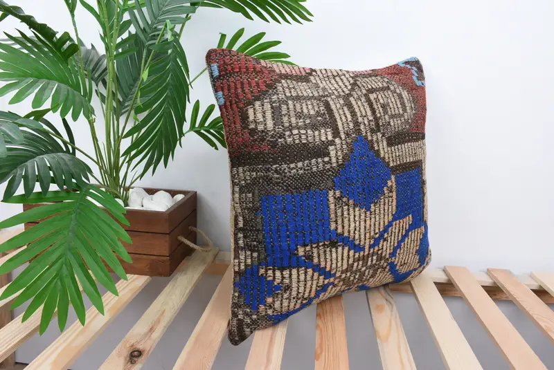 Kilim Pillow Cover, Antique Pillows, Vintage Pillow, Tribal Pillow Sham, 18x18 Blue Pillow, Seat Pillow Case, Cushion, Retro Throw Pillow Sham - 4