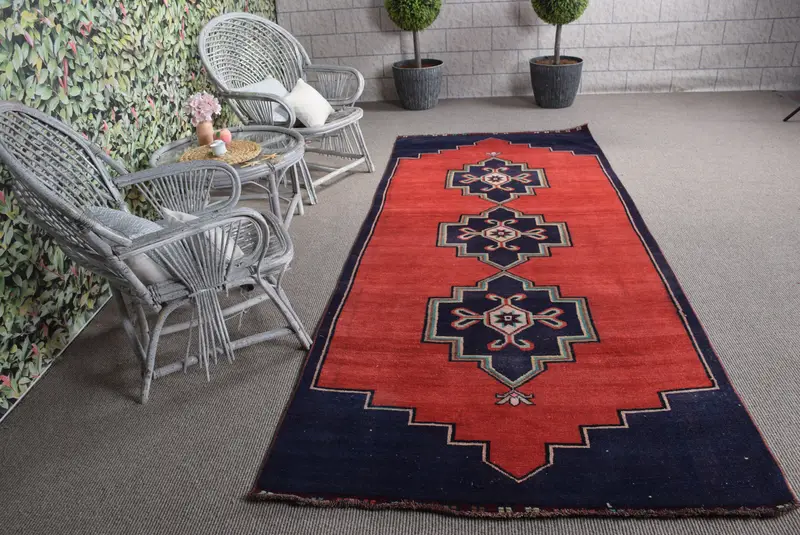 Türk Halısı, Büyük 4.2x10.3 ft Vintage Halı, Kırmızı Bordürlü Yün Halı - 1