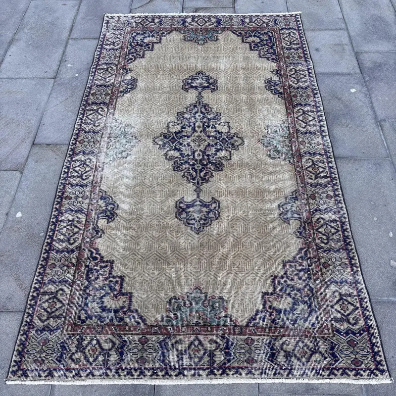 Alfombra Elegante Cuadros Beige y Azul, 1,1x1,8m Decoración Chic