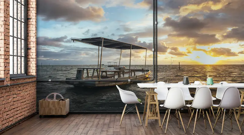 Gedruckte Meereslandschaftstapete: Meeressonnenuntergang und Bootslandschaft