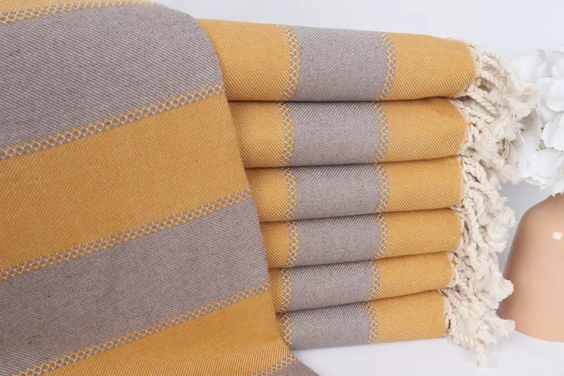 Monogram Beach Towel Mustard-Beige Stripes, Organic Turkish Cotton, 36x65 Inches