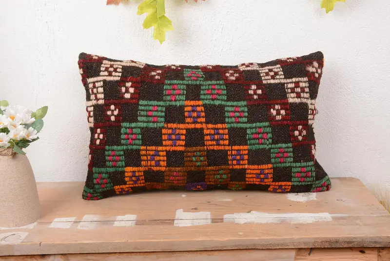 Turuncu ve Yeşil Güneybatı Atma Yastığı, El Yapımı Dikdörtgen Yastık