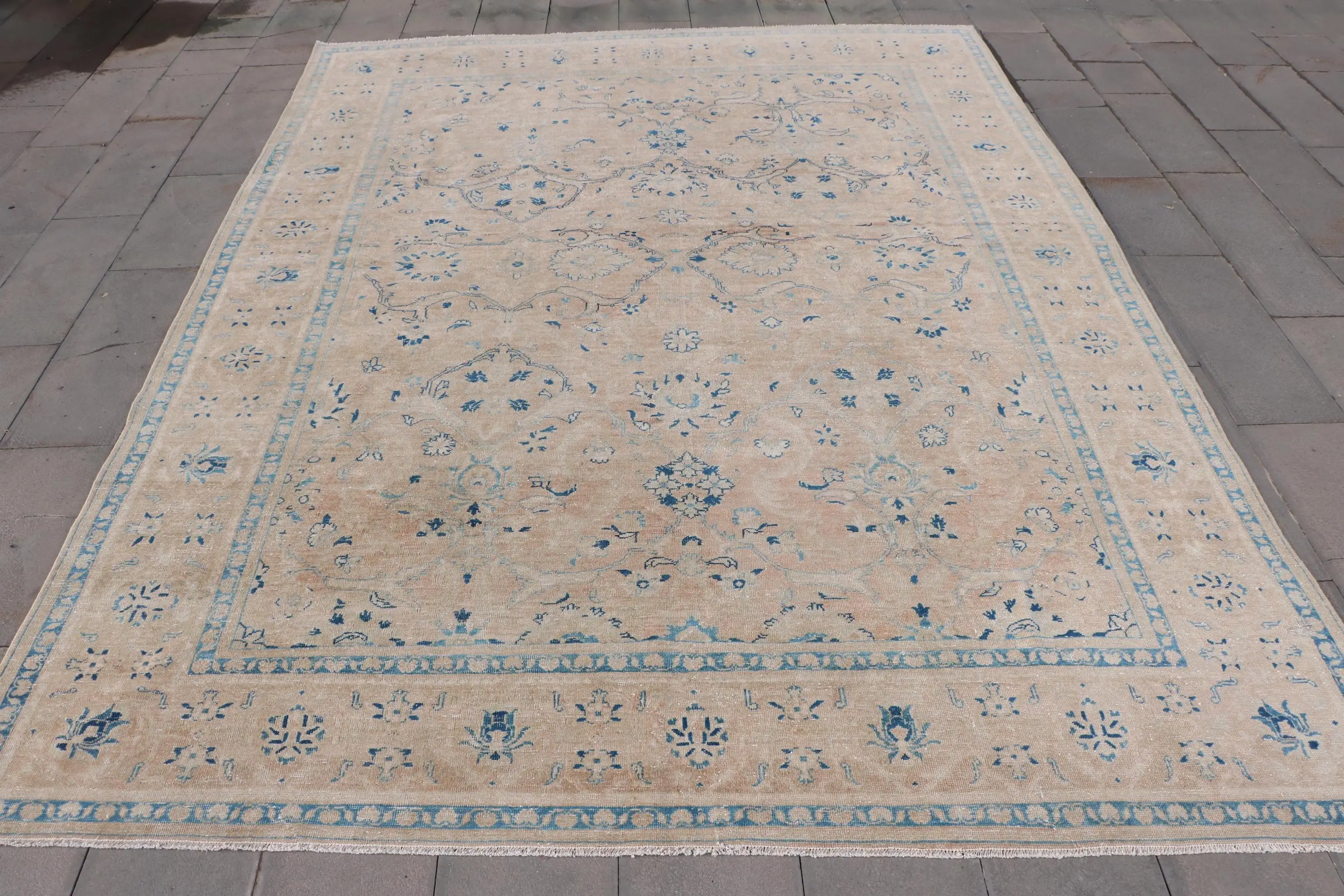 Vintage Turkish Rug, 8.8x11.8 ft Oversize Rug, Blue White Camouflage Wool Rug - 1