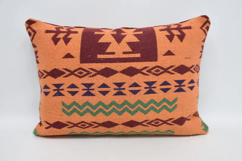 Geometric Turkish Orange Cushion, Wool Moroccan 20x28 inch Cushion Cover - 1