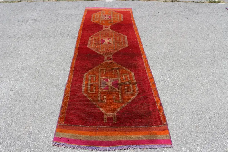 Alfombra de 3.1x9.9 pies, Alfombra vintage Runner, Alfombra sólida Herki roja - 1