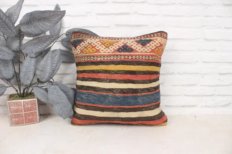 Turkish Pillow, Kilim Pillow, 16x16 Red Cushion, Authentic Cushion Cover, Pillow Sham, Ethnical Kilim Rug Pillow, Cozy Throw Cushion - 1