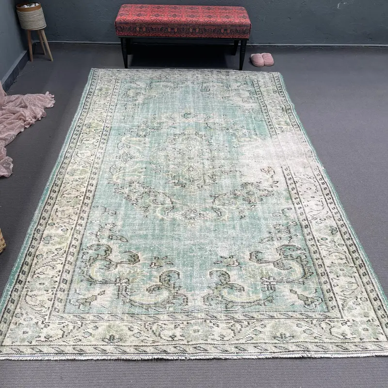 Vintage Large Rug, 5.9x9.4 ft Turkish Rug, Blue Ikat Wool Rug - 1