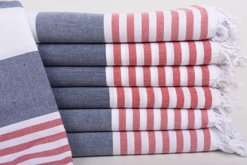 Custom Beach Towel Monogram Organic Cotton Navy Blue-Red Stripes, 40x71 Inches