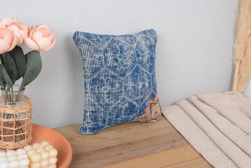 Blaues und braunes Southwestern-Wurfkissen, 12x12 Vintage besticktes Kissen