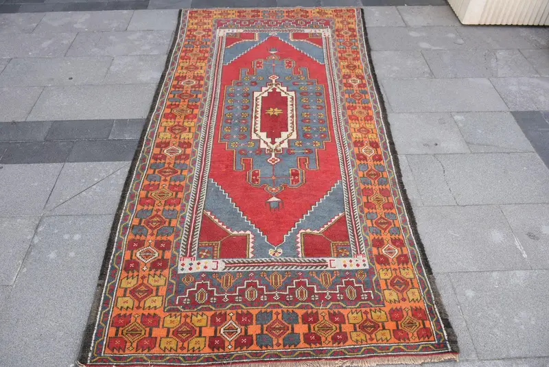 Turkish Rug, 3.8x7.7 ft Area Rug, Red Blue Oushak Wool Rug - 1