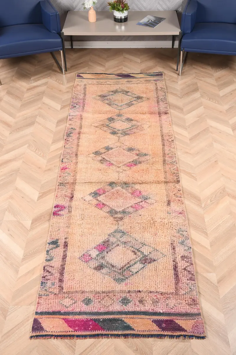Türk Vintage Halısı, 3x9.5 ft Runner Halısı, Kahverengi Pembe Fas Yün Halısı - 1