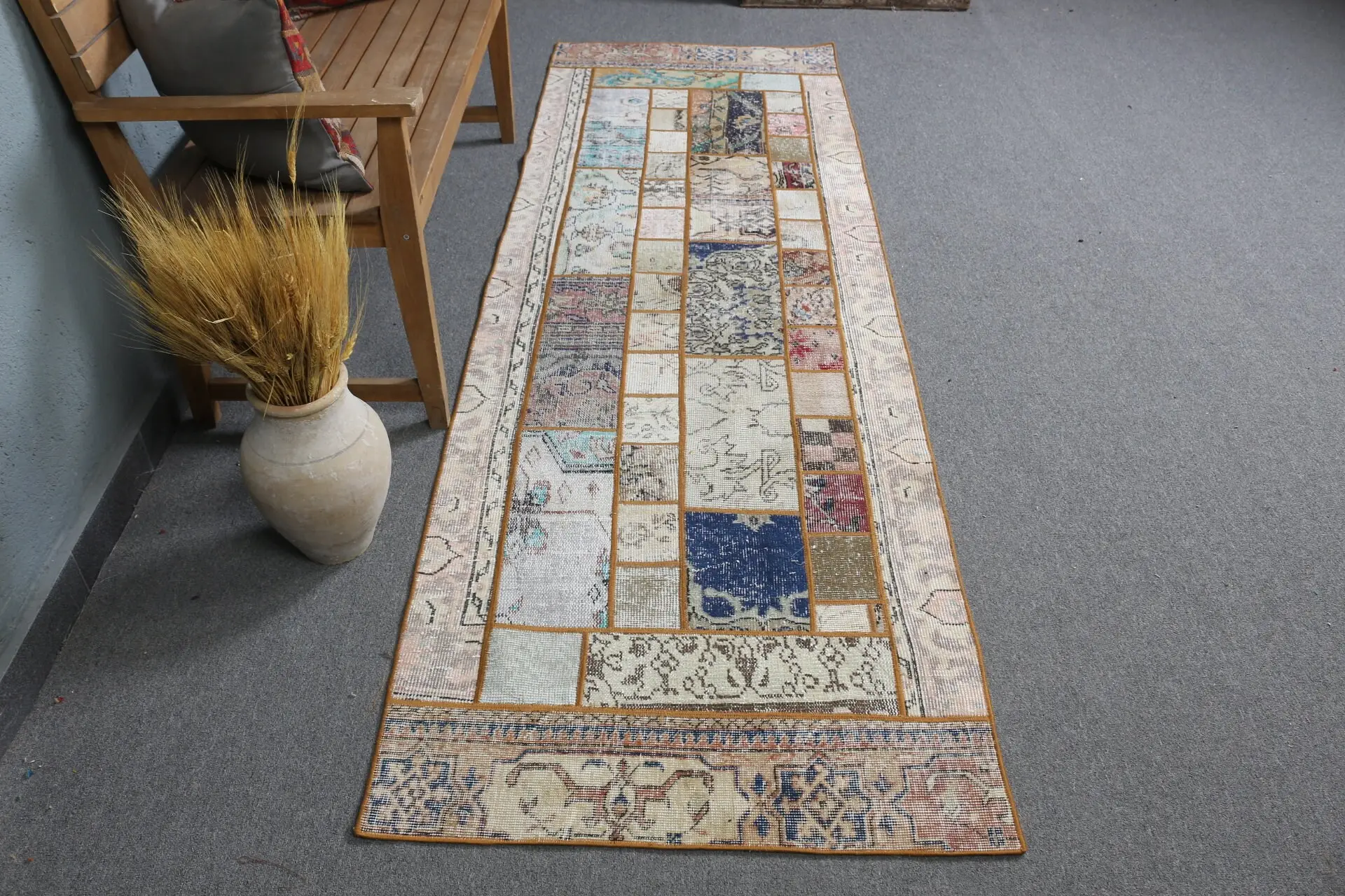 Turkish Vintage Rug 2.9x9.1 ft (87x276 cm), Blue Plants & trees Rug - 1
