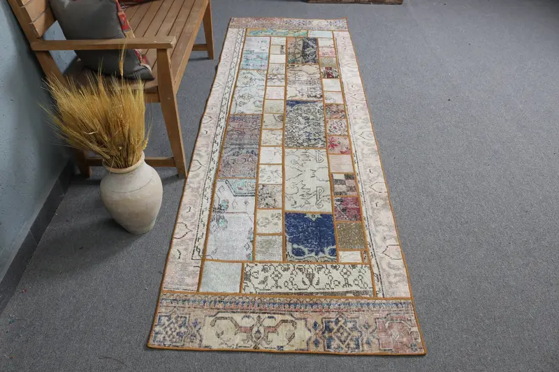 Zarif Bej ve Mavi Halı, 2,9x9,1 ft Botanik Tasarım