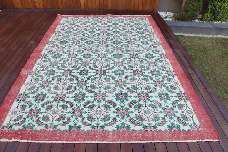 Vintage türkischer Teppich, Übergröße 6,7x10,6 ft (204x322 cm) Teppich, roter abstrakter Wollteppich - 1