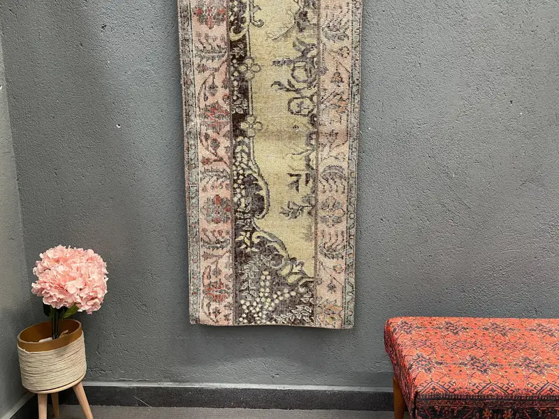 Vintage Turkish Small Rug 2.1x5 ft (65x151 cm), Brown Bordered Oushak Rug - 1