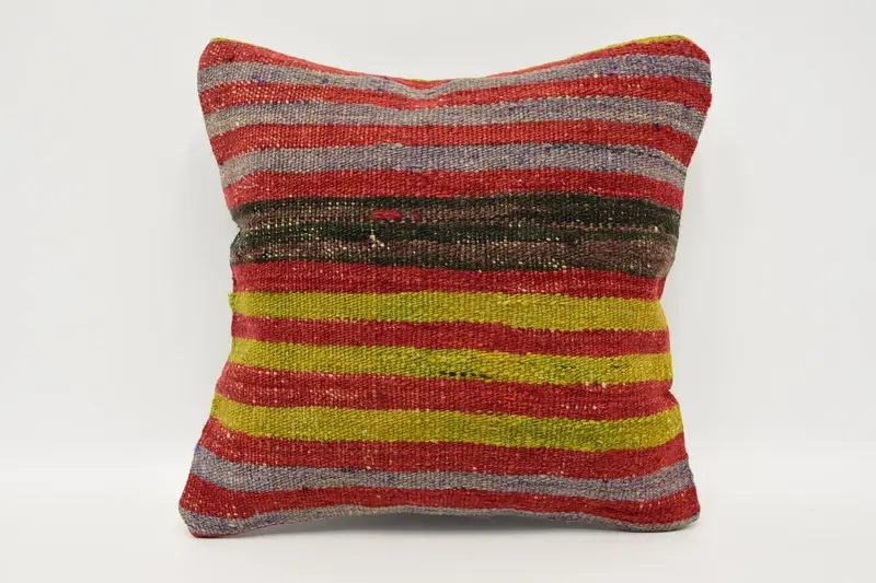 Red Turkish Pillow Sham, Moroccan 30x30 cm Pillow Case, Striped Bench Pillow - 1