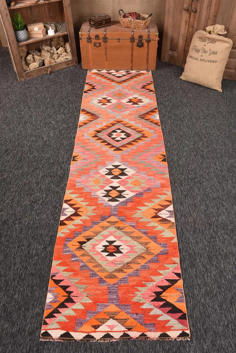 Türk Vintage Halı 2,9x11 ft (87x335 cm), Kilim Turuncu Yün Halı - 1