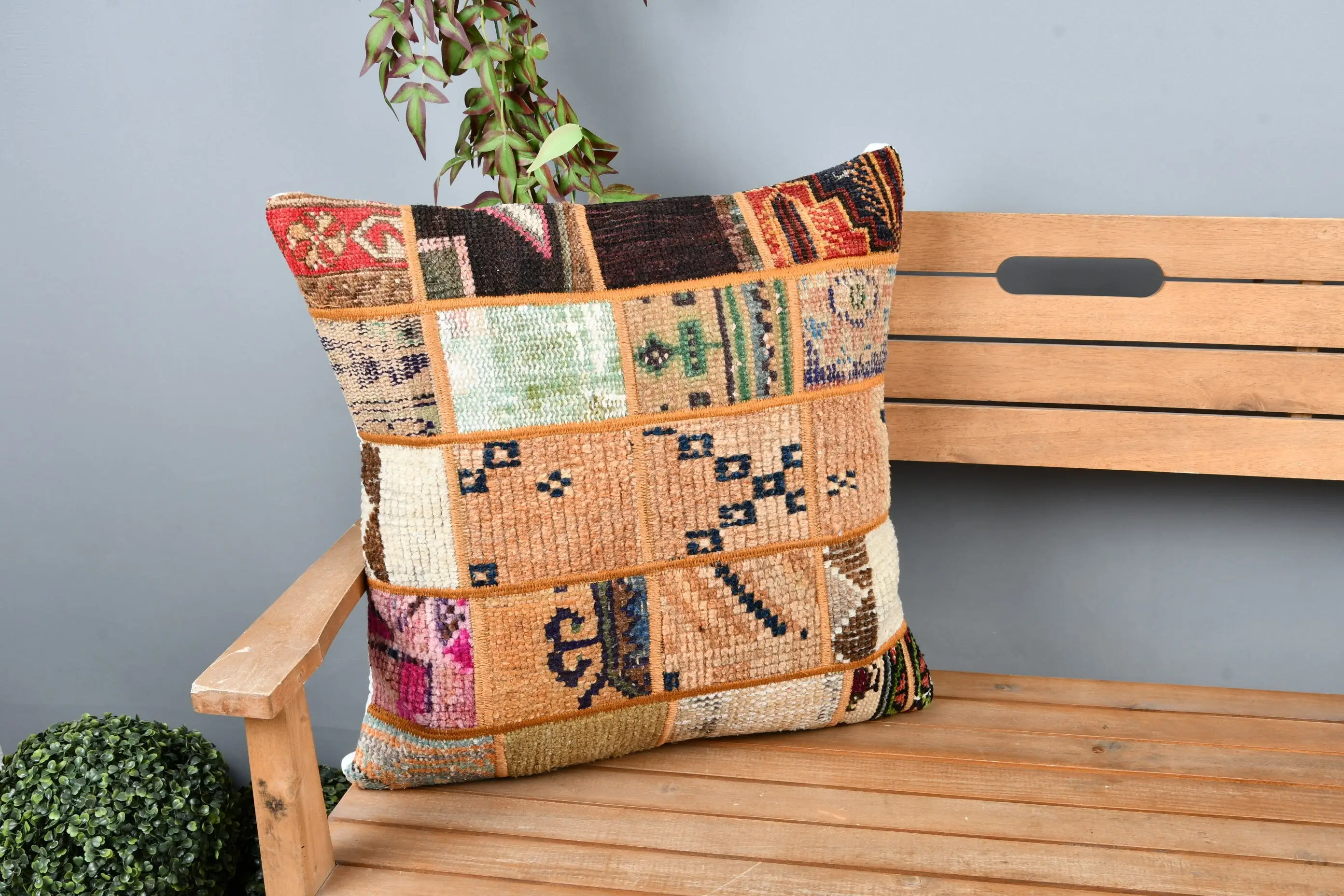 Orange & Bronze Patchwork Throw Pillow, 22x22 Embroidered Cushion - 1