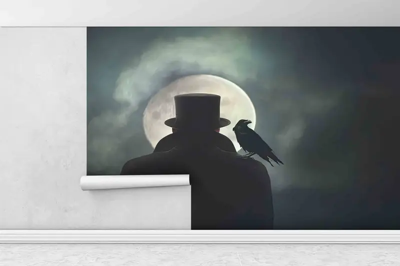 Modern Paper Art, Loft Wall Poster, Man In Hat Silhouette Wall Mural, Full Moon Landscape Paper Craft, Gift For The Home, - 1