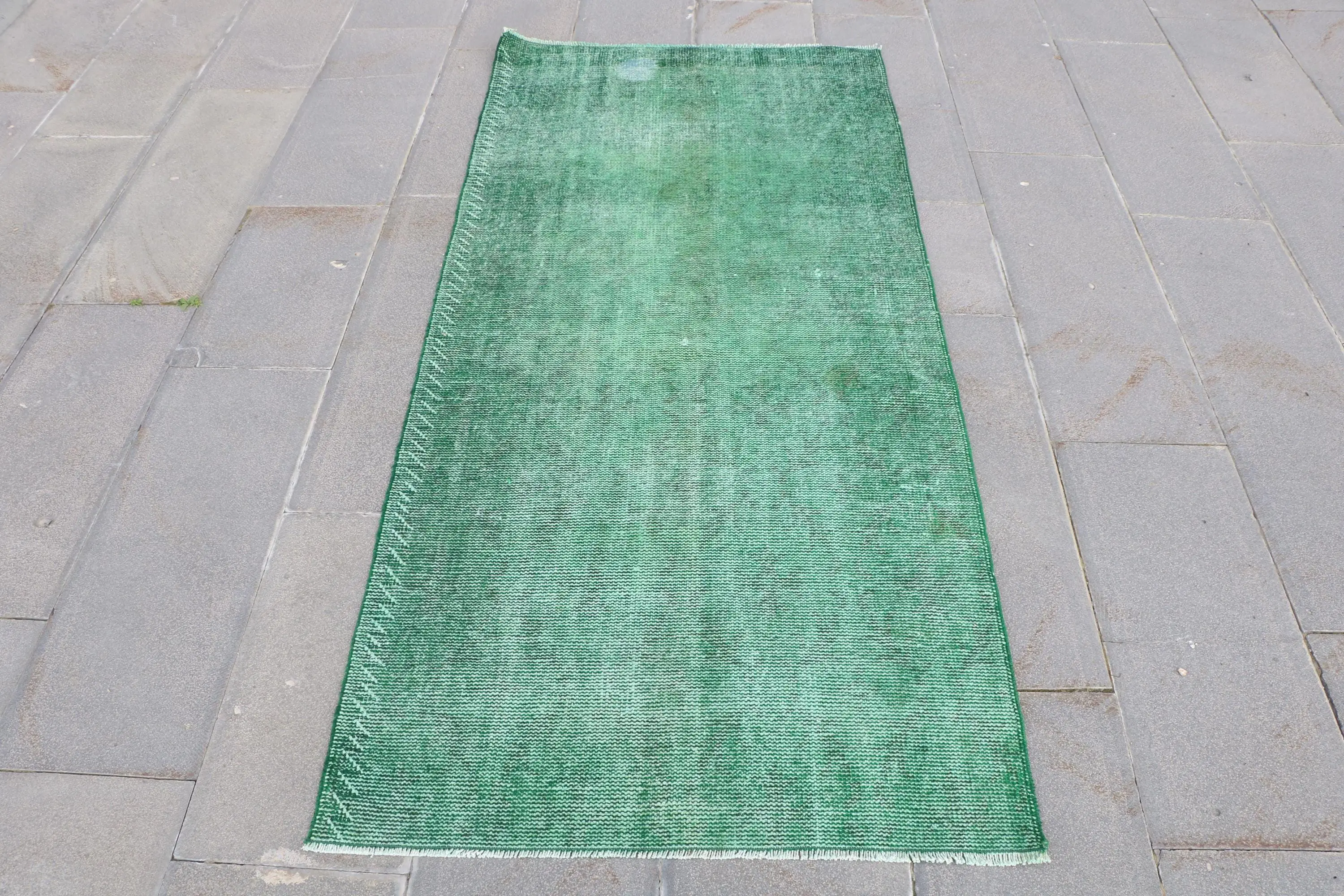 Vintage Türk Halısı, 3x6.6 ft Halı, Yeşil Beyaz Puantiyeli Yün Halı - 1