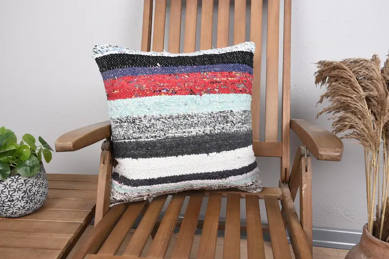 46x46 cm Woven Vintage Pillow Case, Striped Moroccan TexturedGreen Cushion - 1
