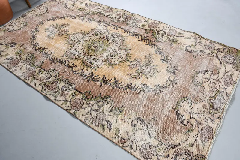 4.7x8.5 ft Oushak Halı, Türk Vintage Halı, Kahverengi Yeşil Puantiyeli Halı - 1